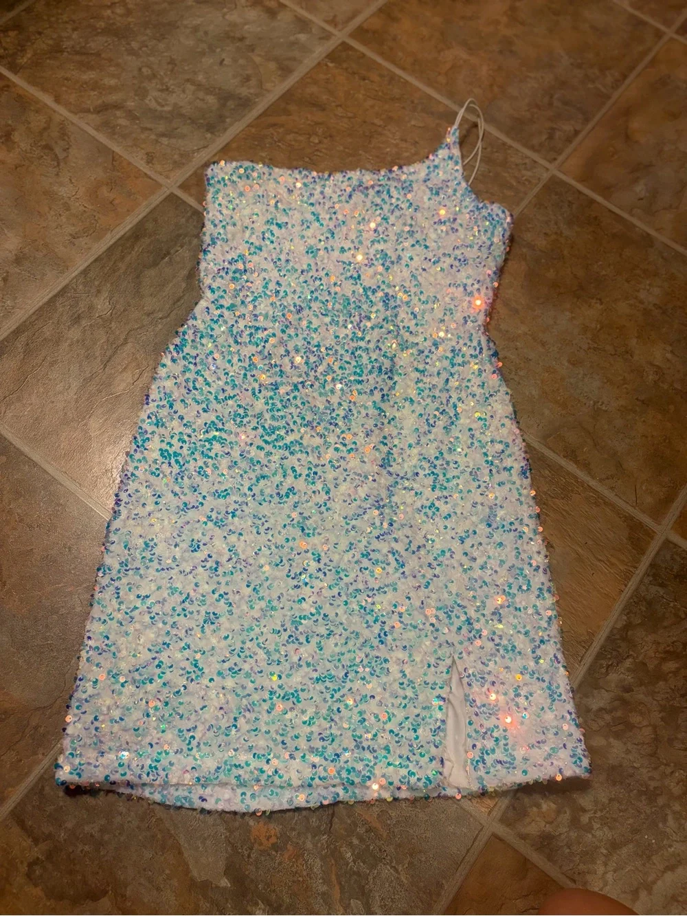 Windsor Sequin One-Shoulder Mini Dress in Iridescent White-Blue Med - Picture 2 of 5